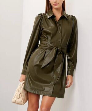 Peter Som Olive Green Faux Leather Mini Shirt Dress SIze 6 Career Designer $355